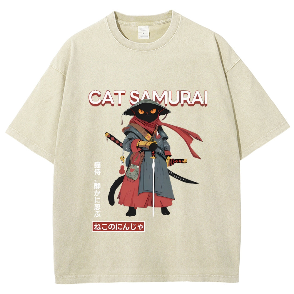 Cat Samurai Vintage Wash Japanese Design T-Shirt