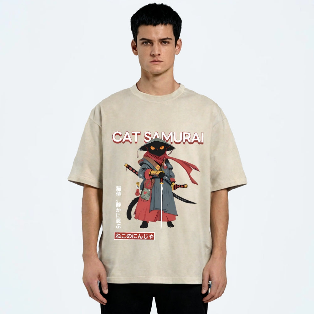 Cat Samurai Vintage Wash Japanese Design T-Shirt