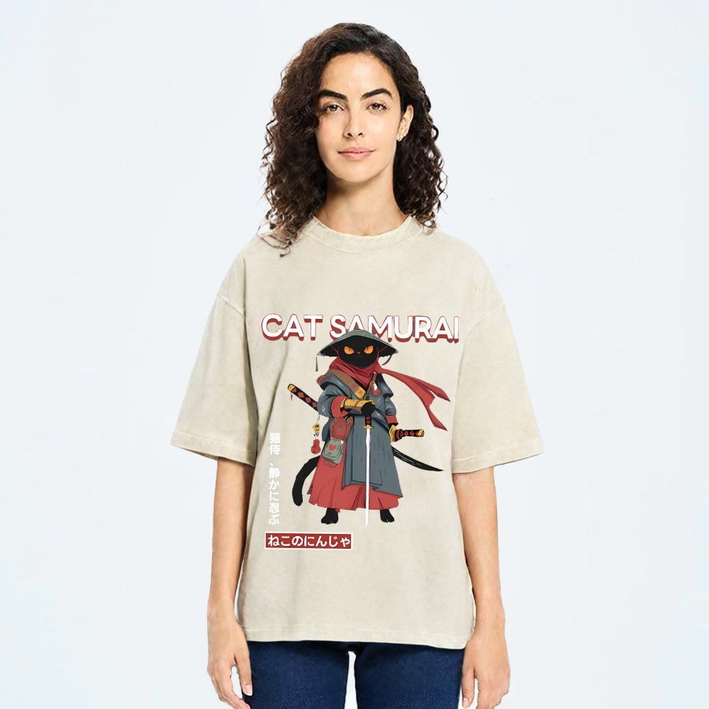 Cat Samurai Vintage Wash Japanese Design T-Shirt
