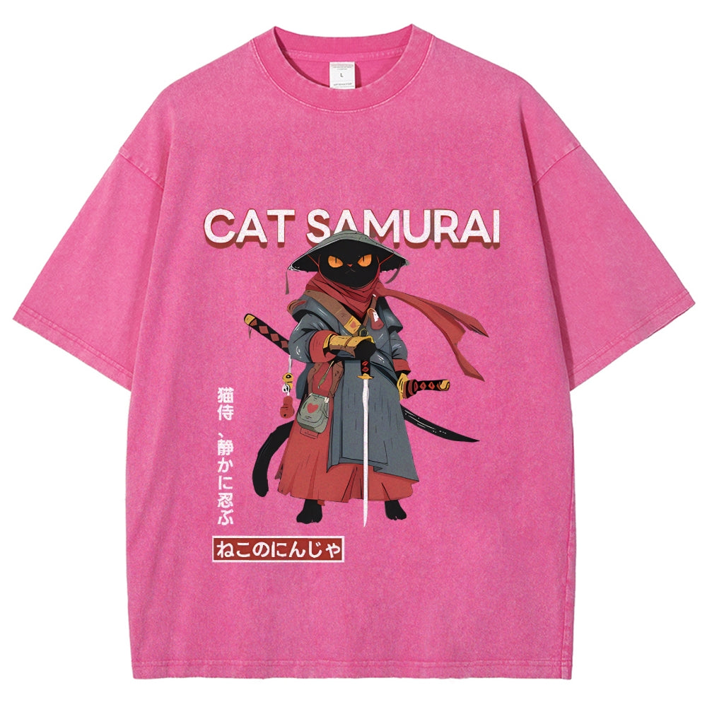 Cat Samurai Vintage Wash Japanese Design T-Shirt