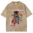 Cat Samurai Vintage Wash Japanese Design T-Shirt