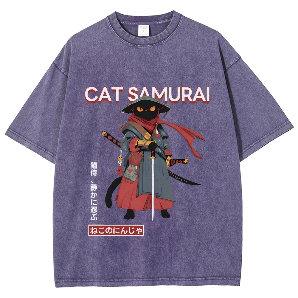 Cat Samurai Vintage Wash Japanese Design T-Shirt
