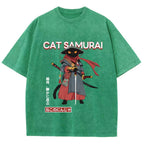 Cat Samurai Vintage Wash Japanese Design T-Shirt