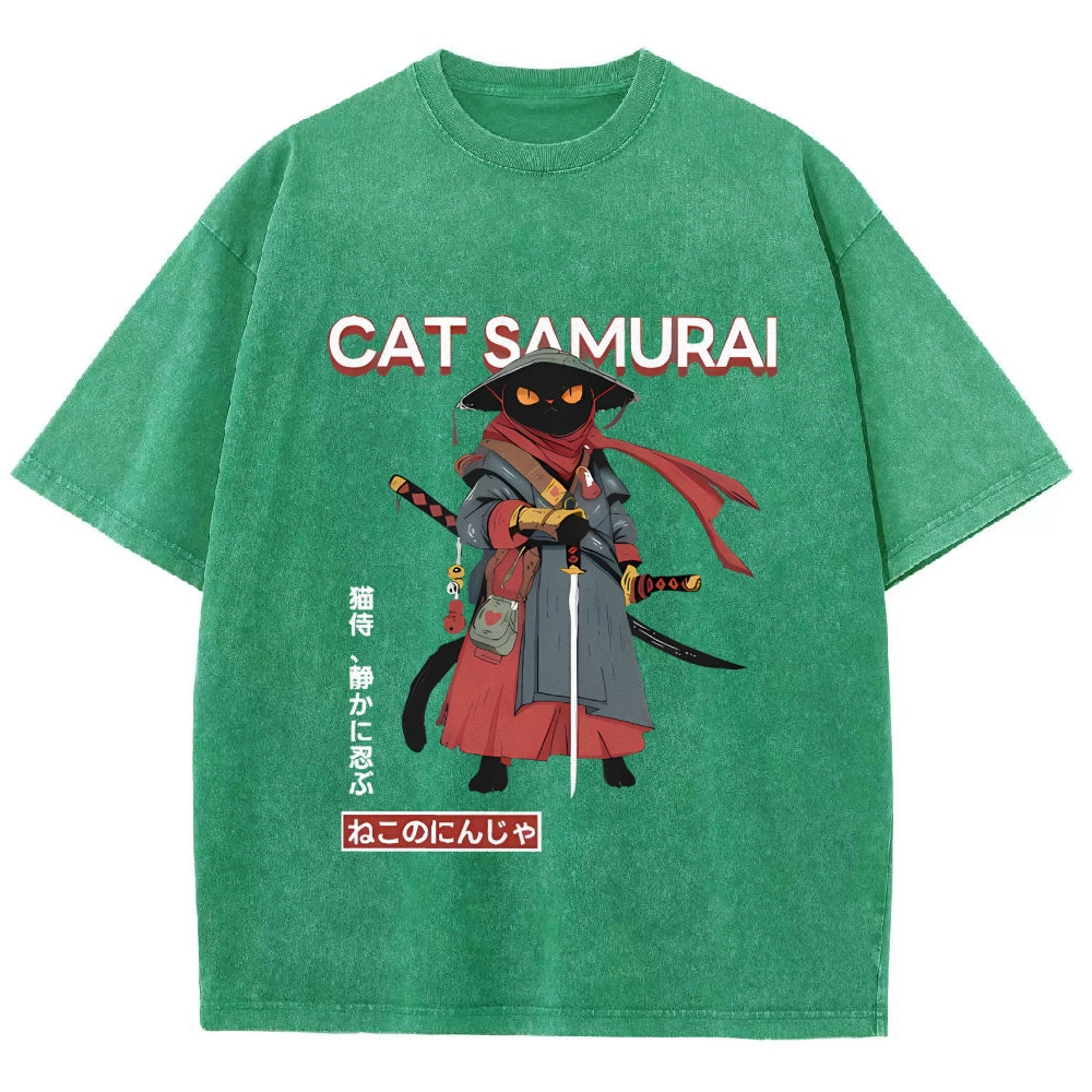 Cat Samurai Vintage Wash Japanese Design T-Shirt
