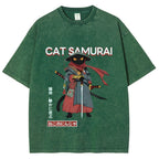 Cat Samurai Vintage Wash Japanese Design T-Shirt