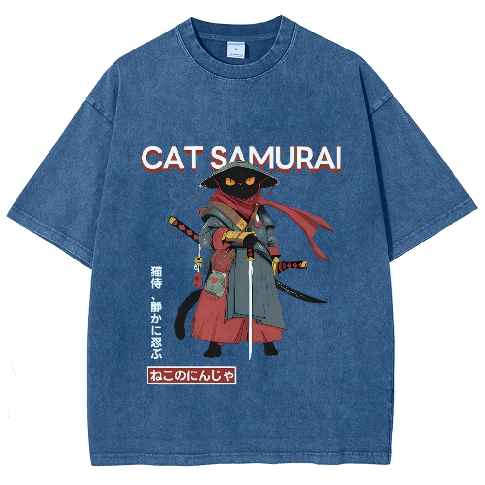 Cat Samurai Vintage Wash Japanese Design T-Shirt