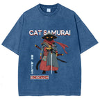 Cat Samurai Vintage Wash Japanese Design T-Shirt
