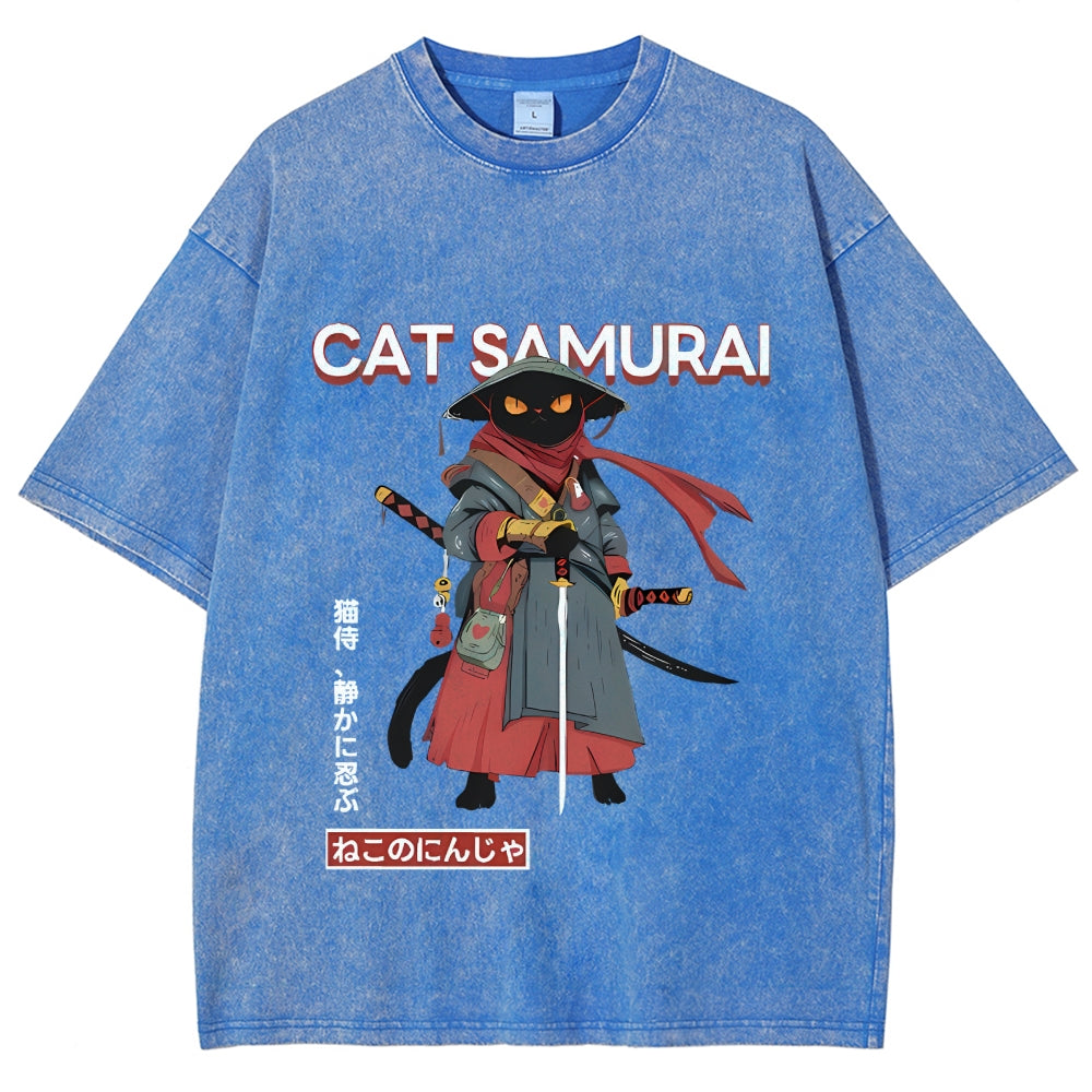 Cat Samurai Vintage Wash Japanese Design T-Shirt