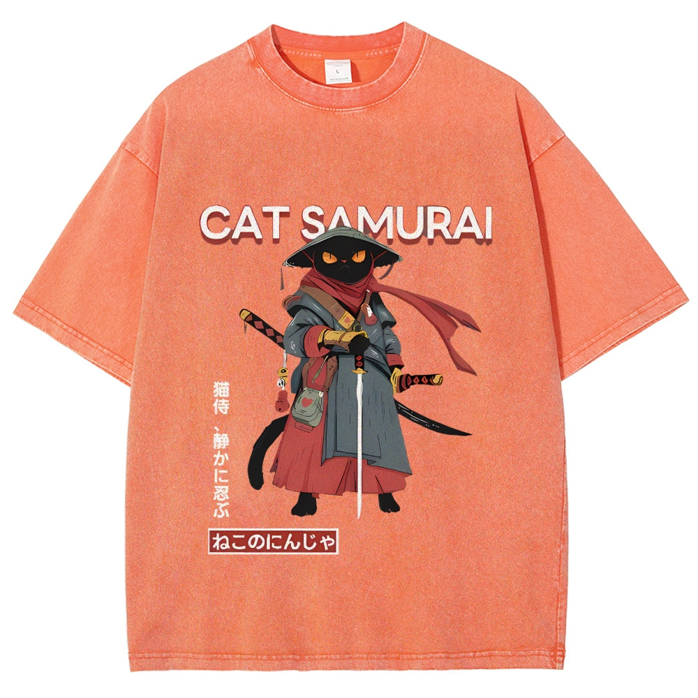 Cat Samurai Vintage Wash Japanese Design T-Shirt
