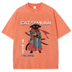 Cat Samurai Vintage Wash Japanese Design T-Shirt