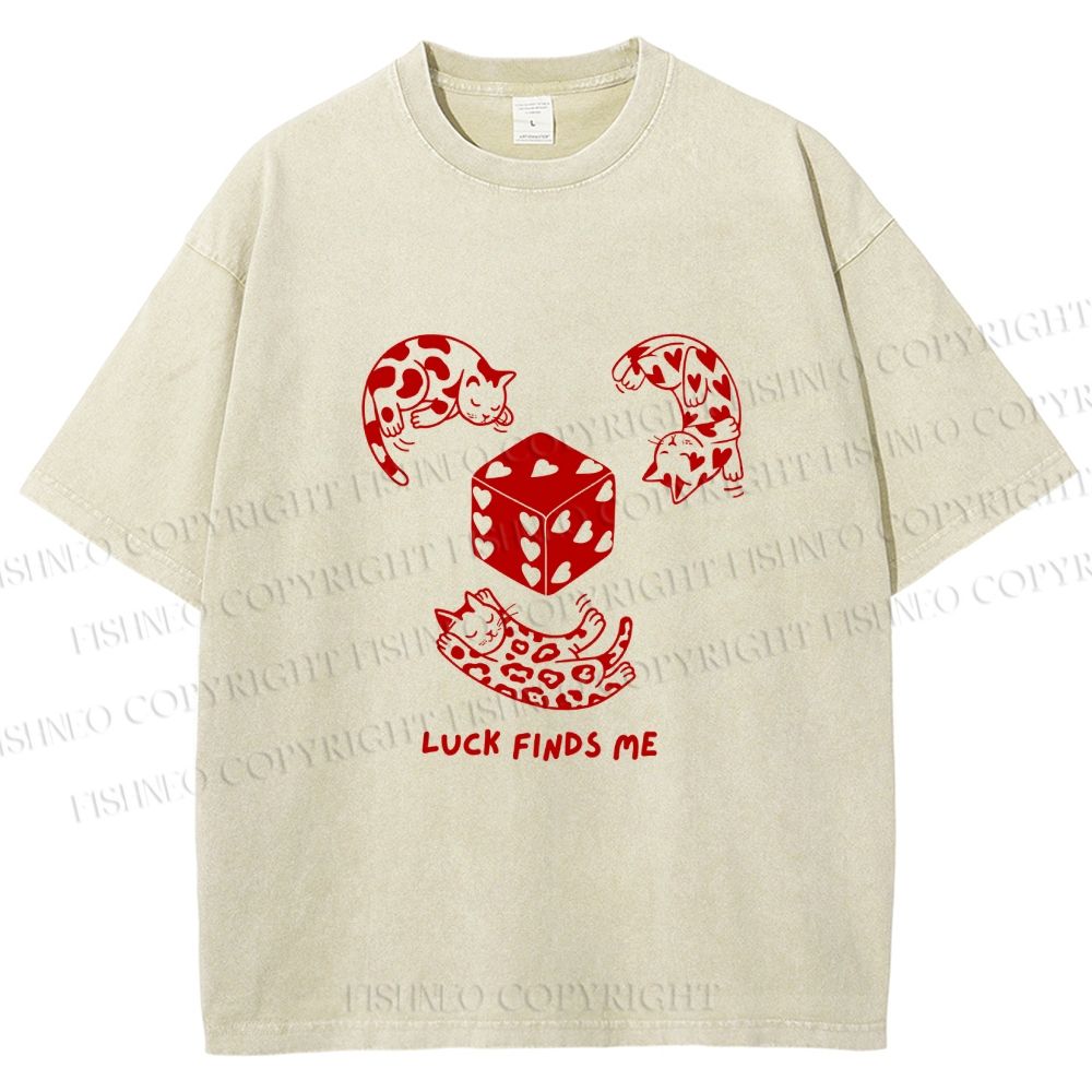 Unisex Luck Finds Me Cats Printed Washed Tee