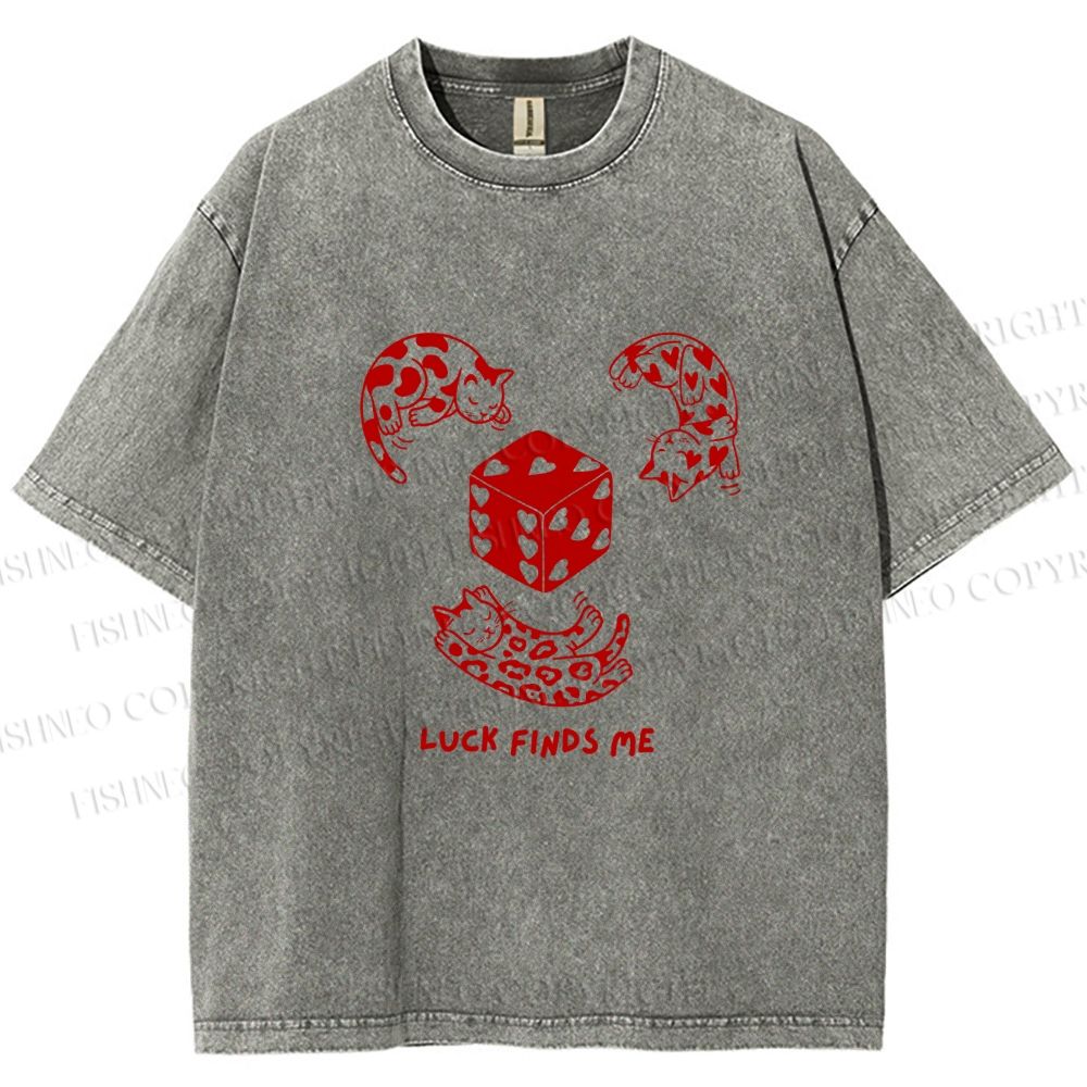 Unisex Luck Finds Me Cats Printed Washed Tee