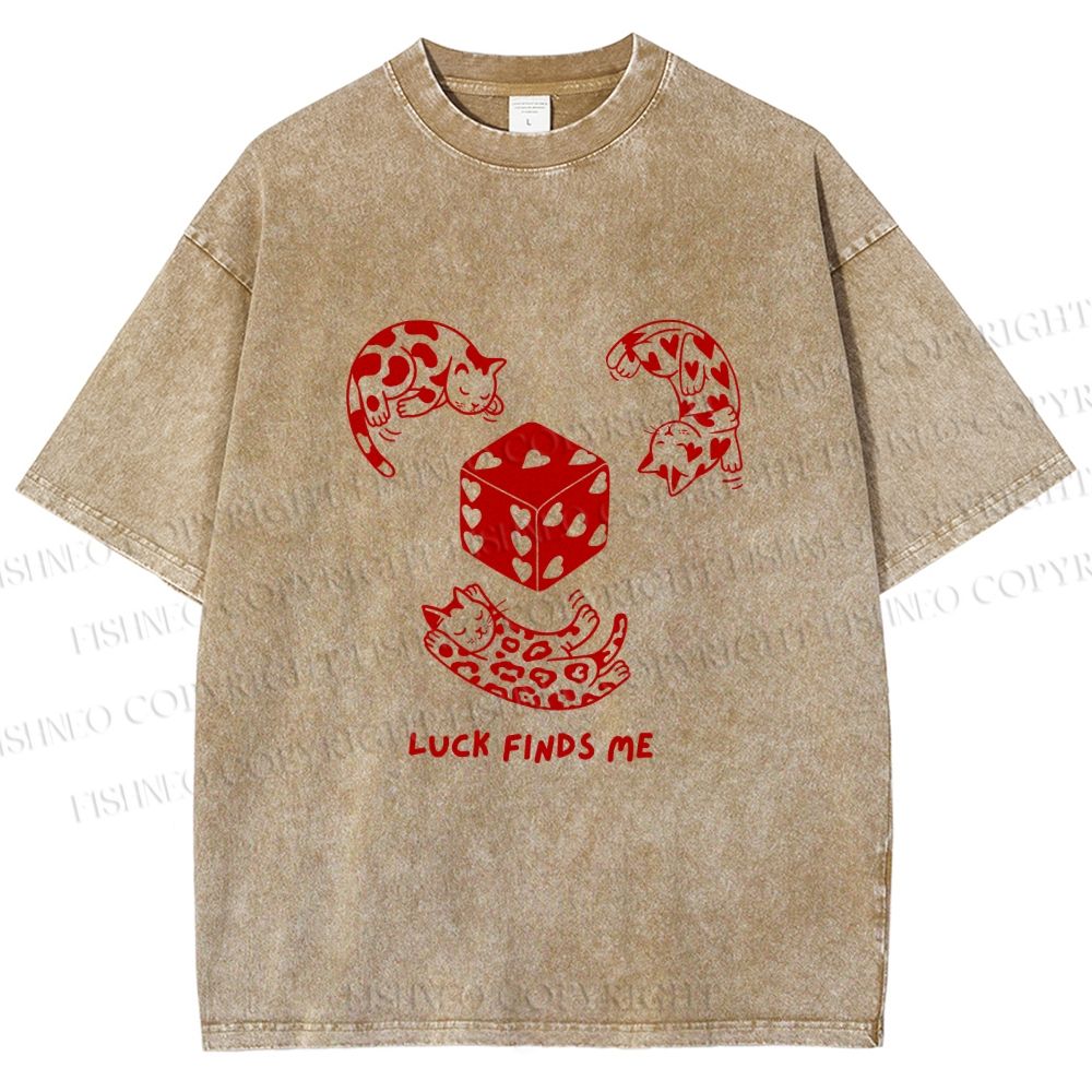 Unisex Luck Finds Me Cats Printed Washed Tee