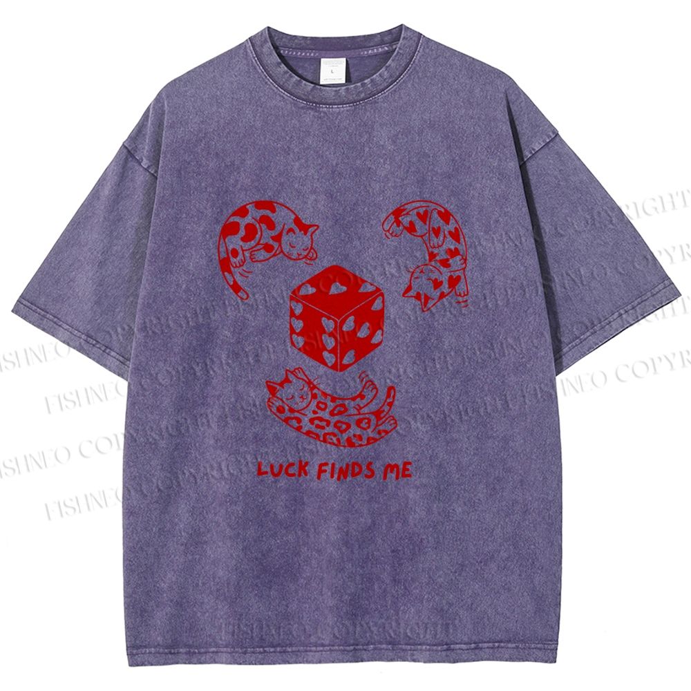 Unisex Luck Finds Me Cats Printed Washed Tee