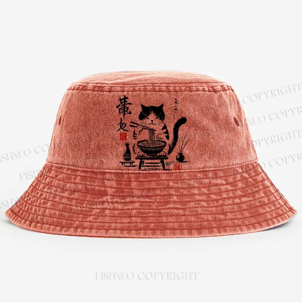 Ramen Cat Printed Washed Bucket Hat