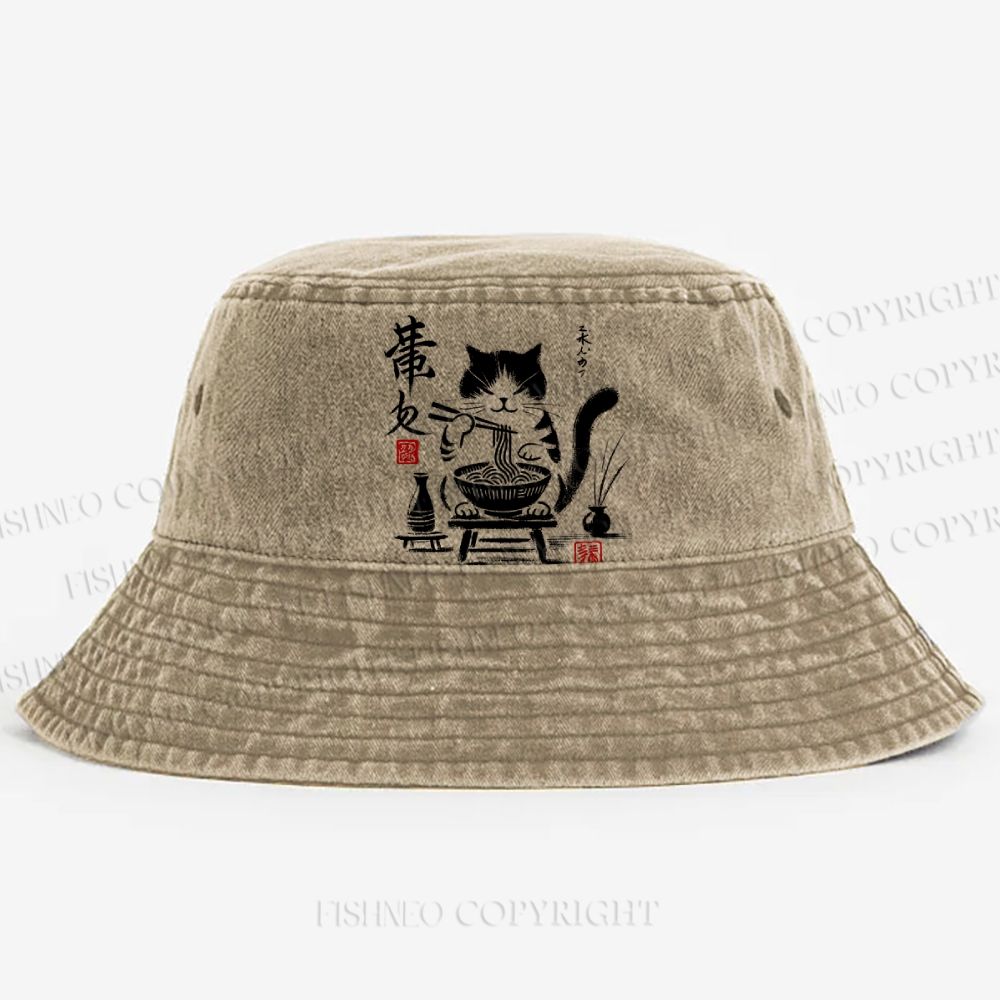 Ramen Cat Printed Washed Bucket Hat