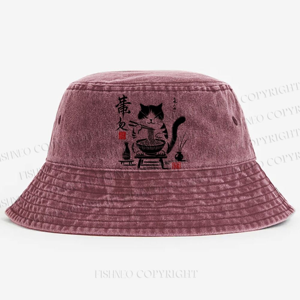 Ramen Cat Printed Washed Bucket Hat