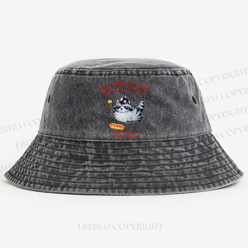 Raccoon Wizard You Are Enough Printed Washed Bucket Hat