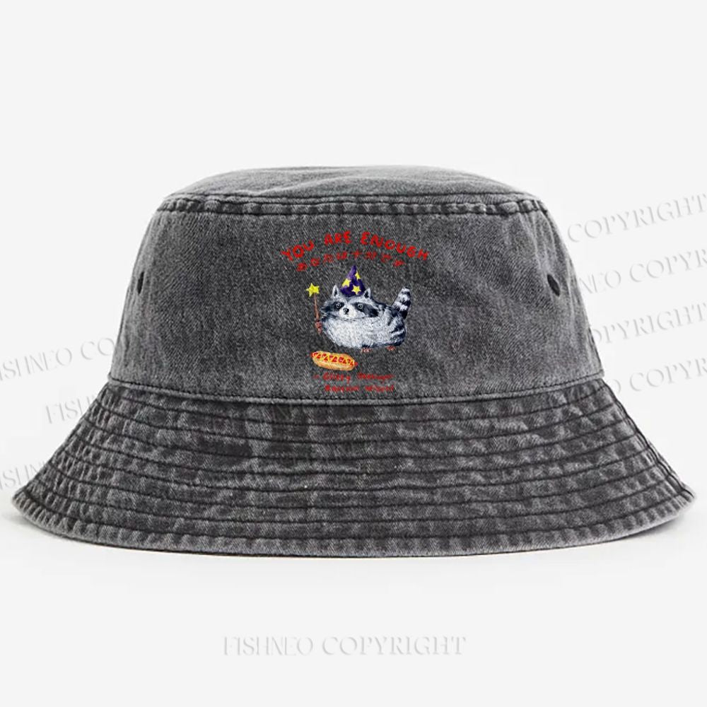 Raccoon Wizard You Are Enough Printed Washed Bucket Hat