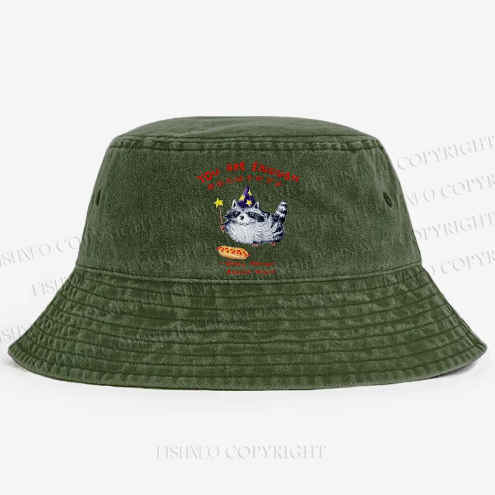 Raccoon Wizard You Are Enough Printed Washed Bucket Hat
