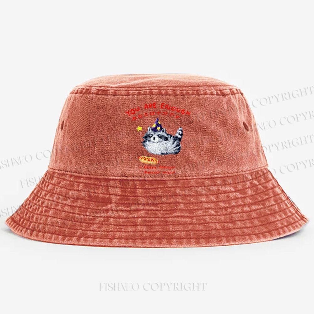 Raccoon Wizard You Are Enough Printed Washed Bucket Hat