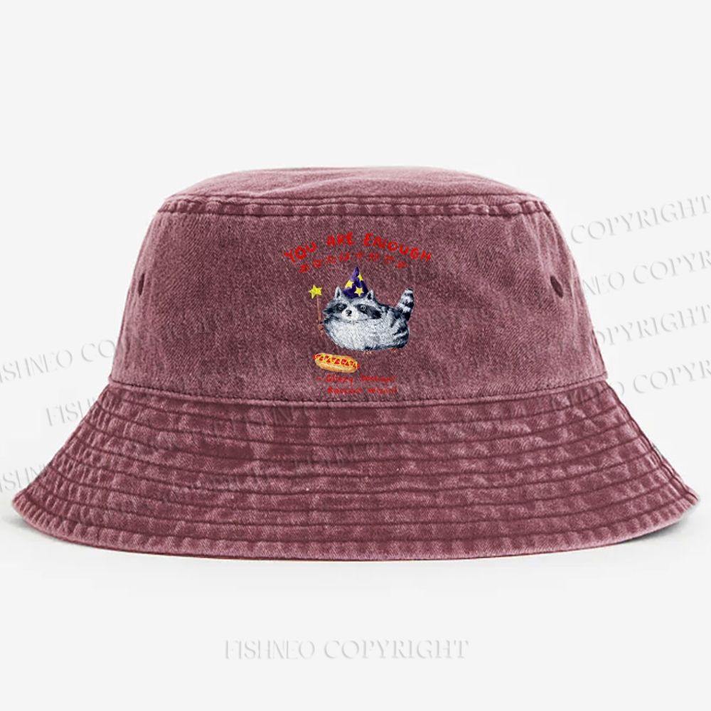Raccoon Wizard You Are Enough Printed Washed Bucket Hat