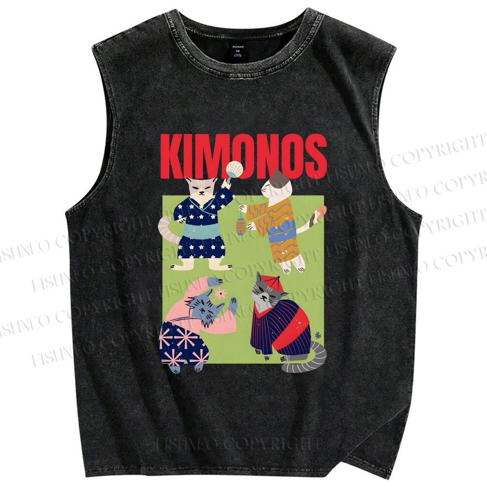 Unisex Kimono Cat Printed Washed Tank Top