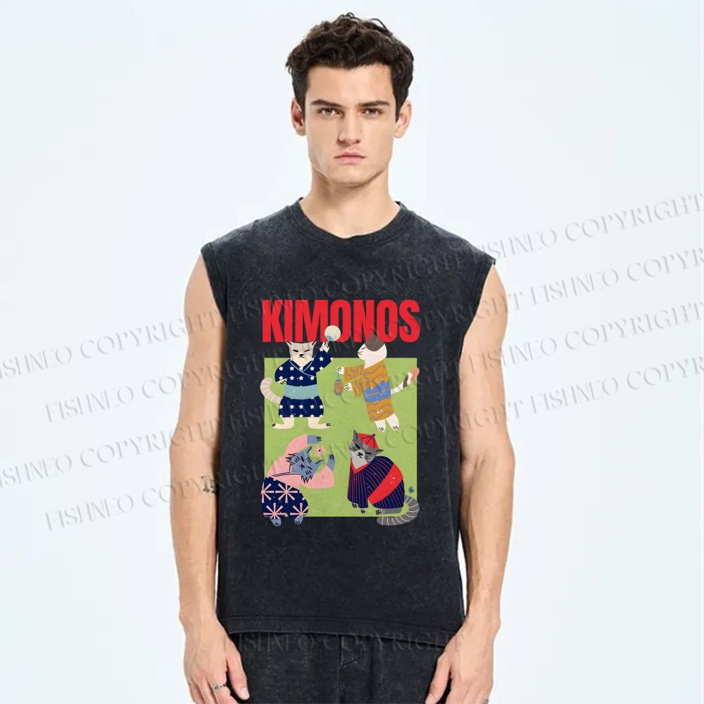 Unisex Kimono Cat Printed Washed Tank Top