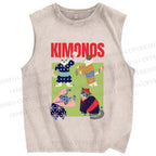 Unisex Kimono Cat Printed Washed Tank Top