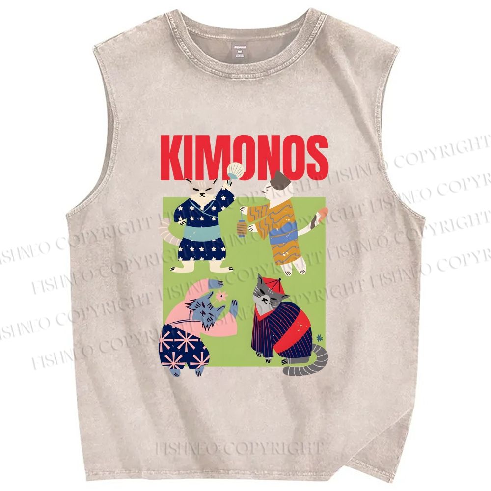 Unisex Kimono Cat Printed Washed Tank Top