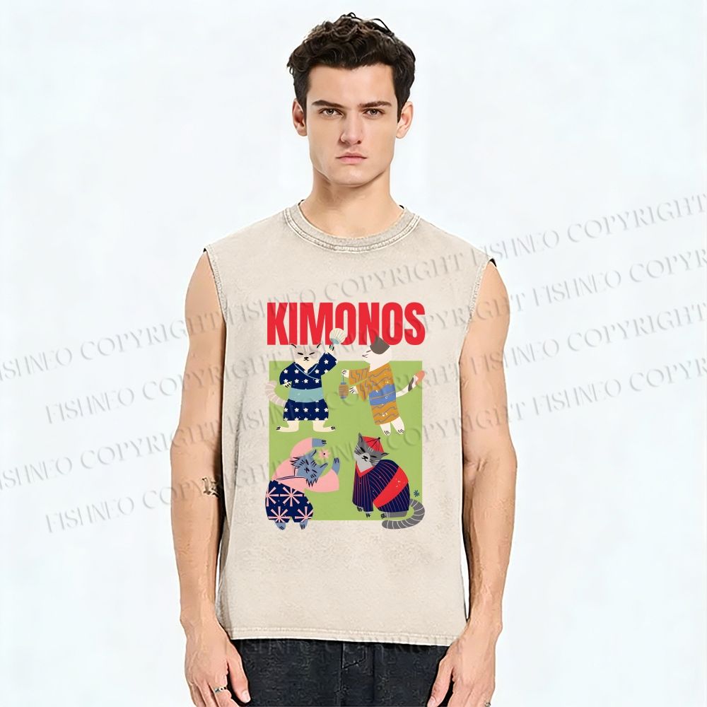 Unisex Kimono Cat Printed Washed Tank Top