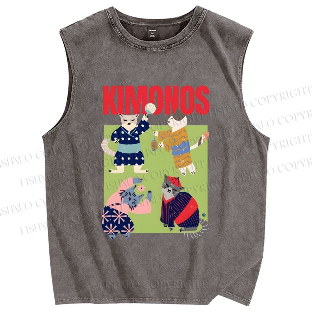 Unisex Kimono Cat Printed Washed Tank Top