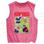 Unisex Kimono Cat Printed Washed Tank Top