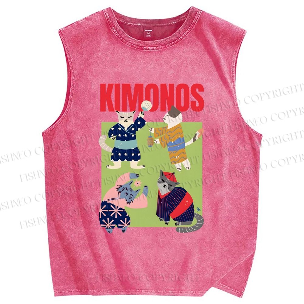 Unisex Kimono Cat Printed Washed Tank Top
