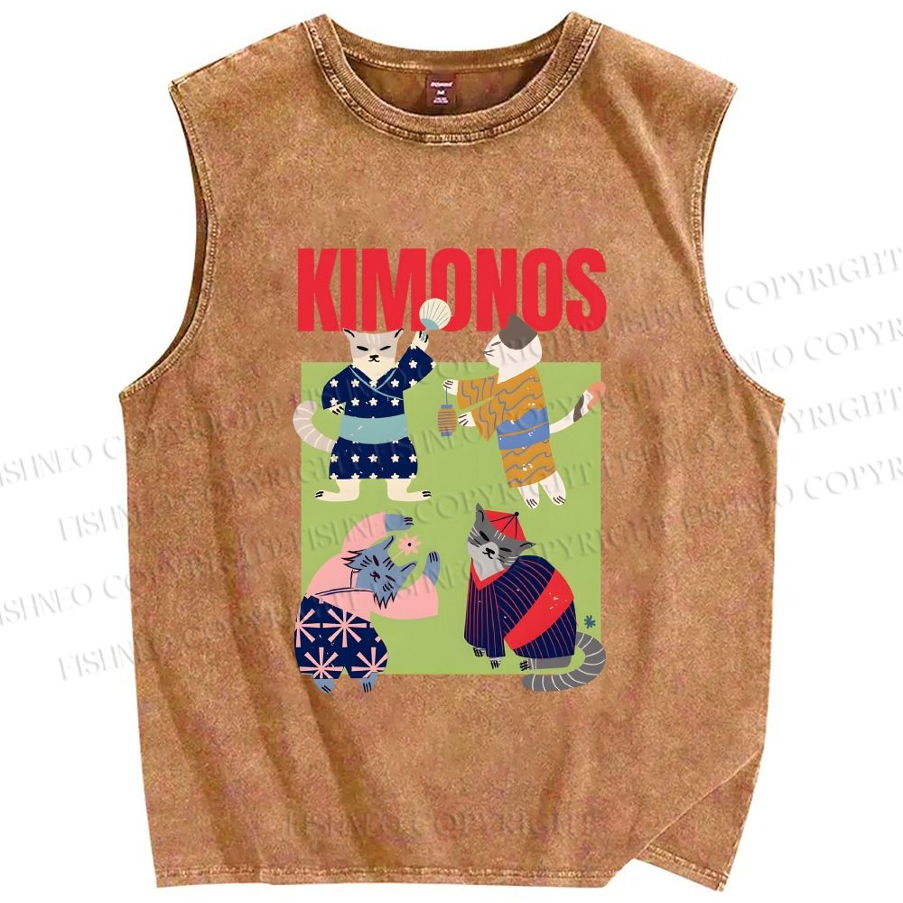 Unisex Kimono Cat Printed Washed Tank Top