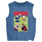 Unisex Kimono Cat Printed Washed Tank Top