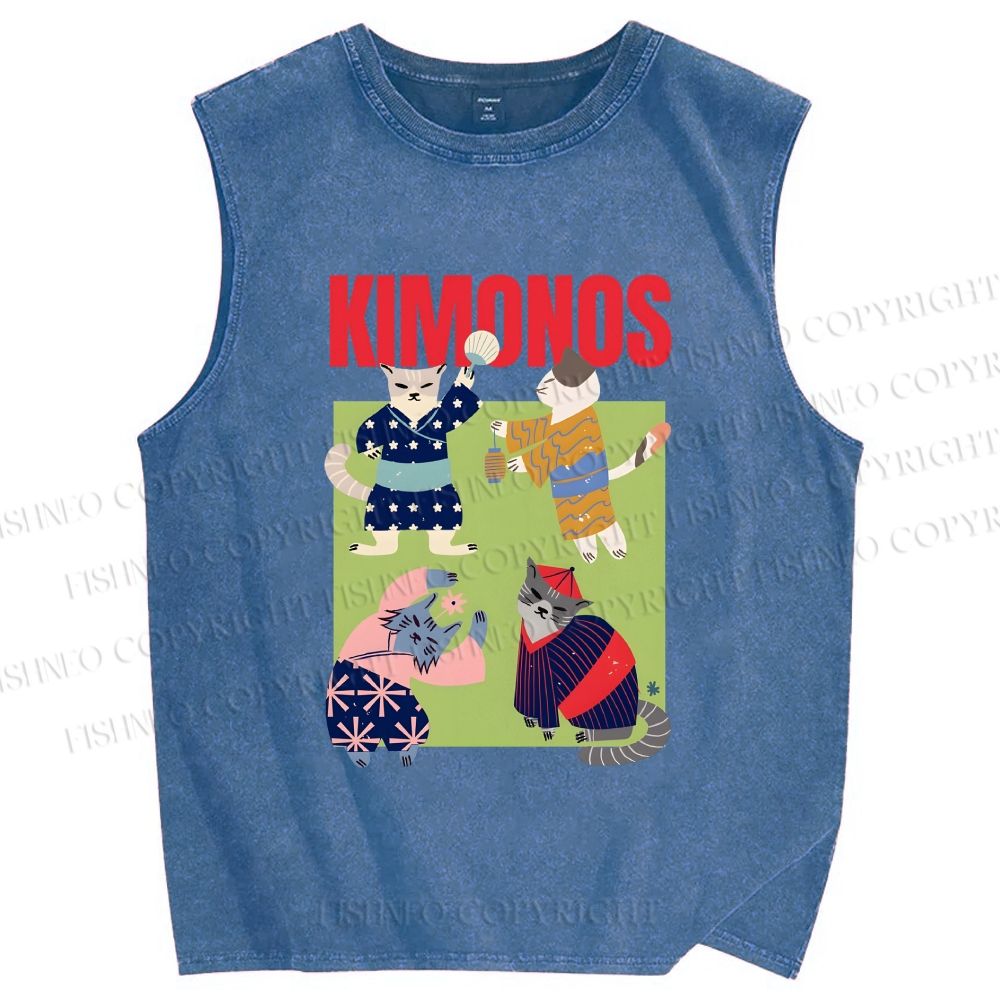 Unisex Kimono Cat Printed Washed Tank Top
