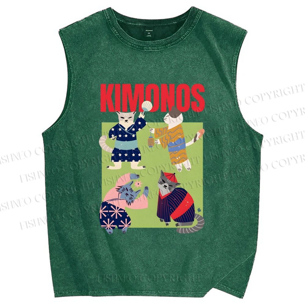 Unisex Kimono Cat Printed Washed Tank Top