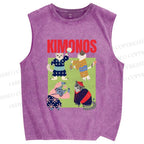 Unisex Kimono Cat Printed Washed Tank Top