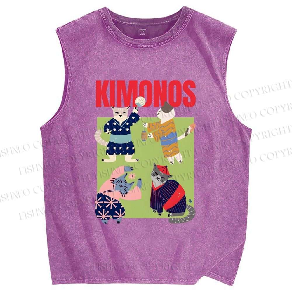 Unisex Kimono Cat Printed Washed Tank Top