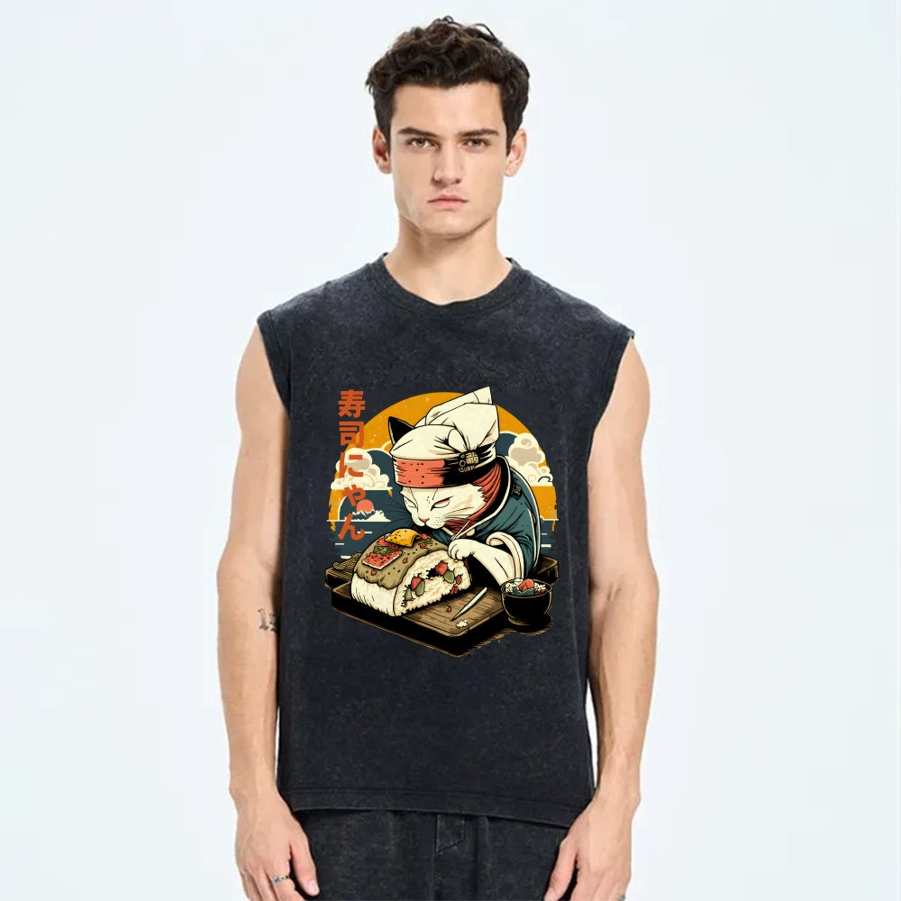 Sushi Meow Cat Vintage Distressed Washed Tank Top