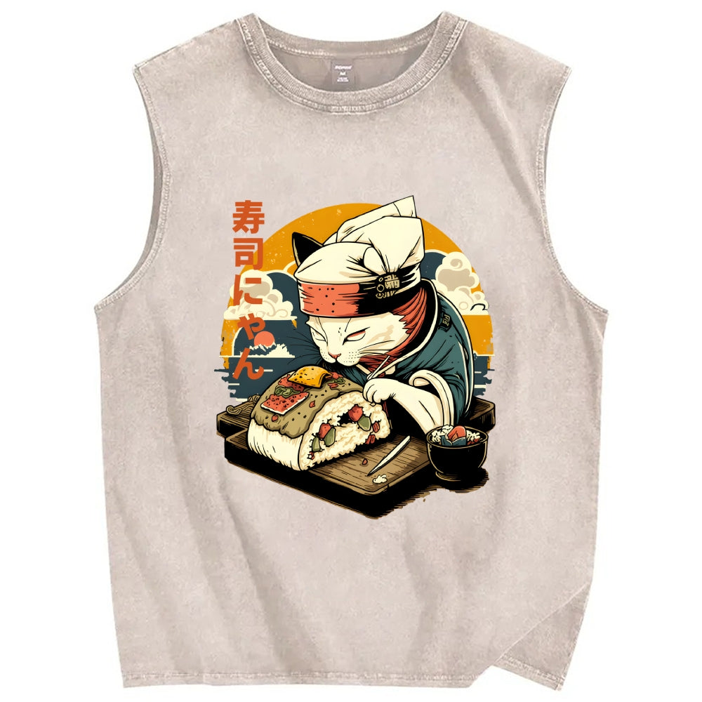 Sushi Meow Cat Vintage Distressed Washed Tank Top