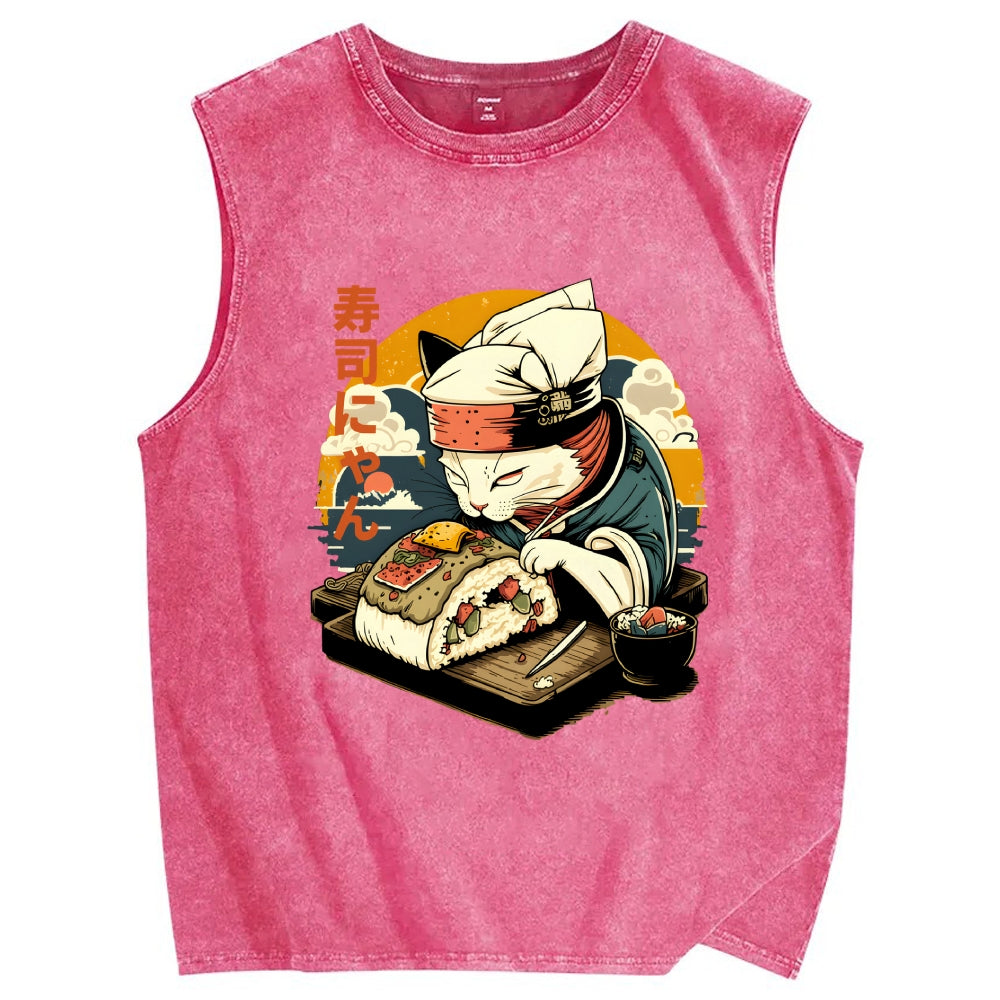 Sushi Meow Cat Vintage Distressed Washed Tank Top