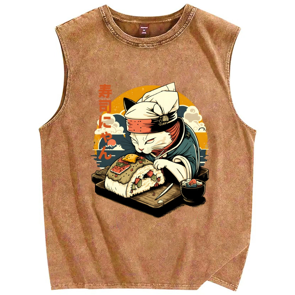 Sushi Meow Cat Vintage Distressed Washed Tank Top