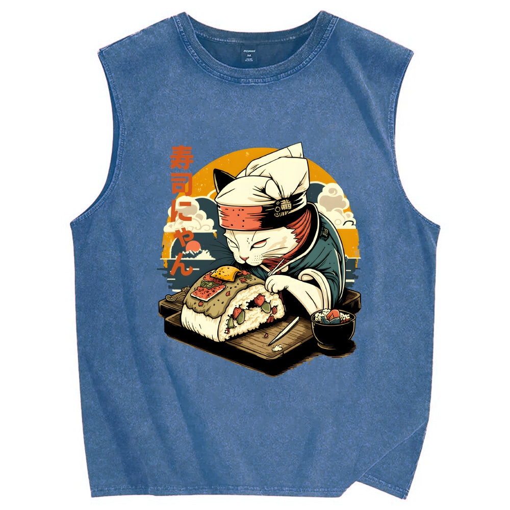 Sushi Meow Cat Vintage Distressed Washed Tank Top
