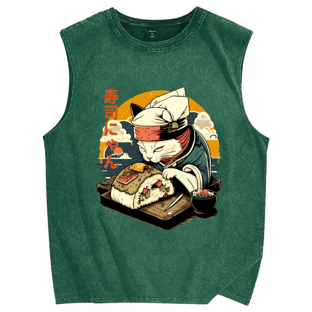 Sushi Meow Cat Vintage Distressed Washed Tank Top