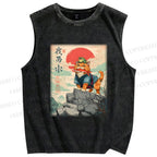 Unisex Samurai Cat & Frog Printed Washed Tank Top