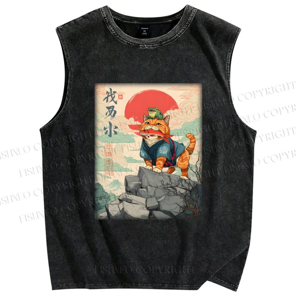 Unisex Samurai Cat & Frog Printed Washed Tank Top