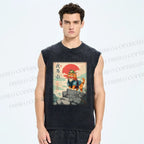 Unisex Samurai Cat & Frog Printed Washed Tank Top