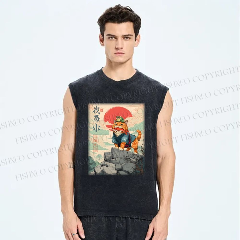 Unisex Samurai Cat & Frog Printed Washed Tank Top